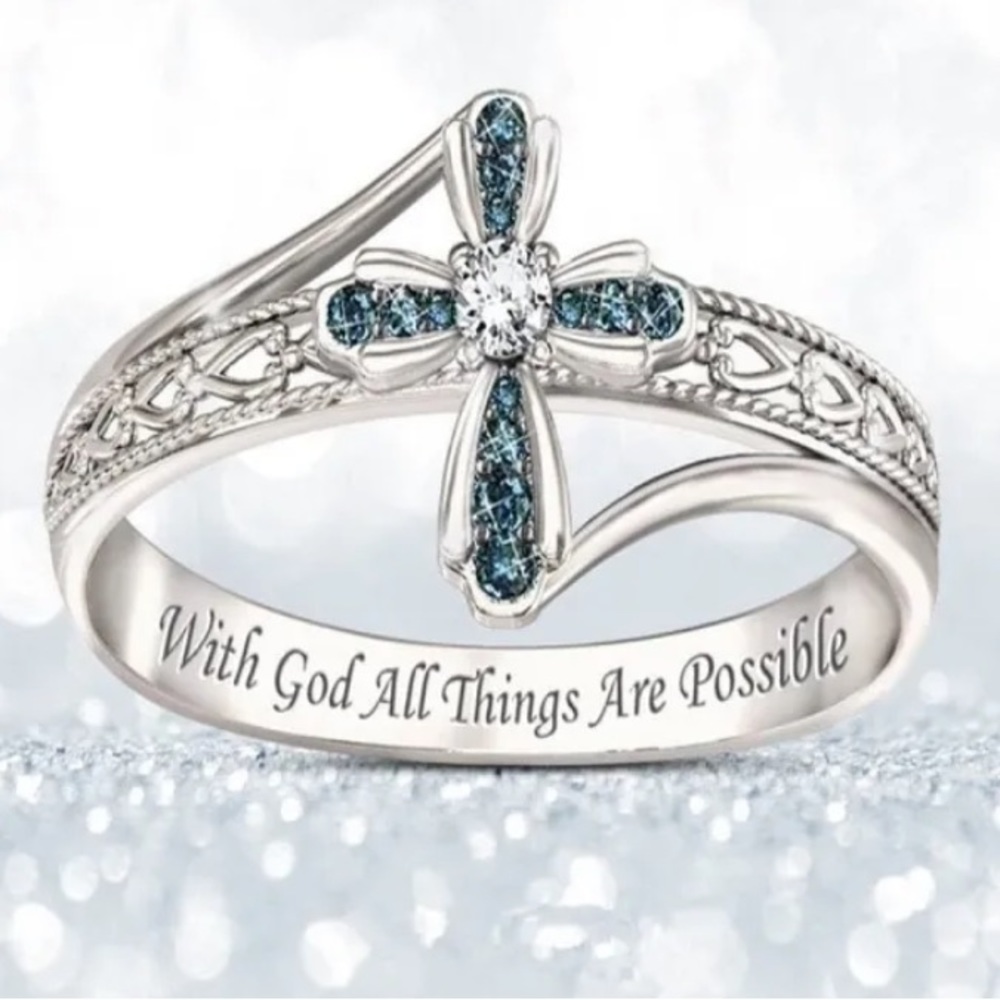 Hollow Cross Silver Crown Green Turquoise Gemstone Ring
